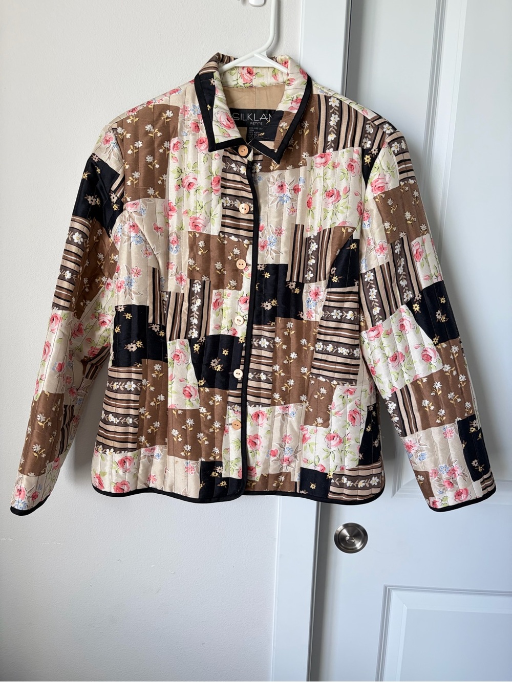 SilkLand Patchwork Quilted Jacket Size Petite Large Brown Boho Grandmacore - Picture 3 of 9